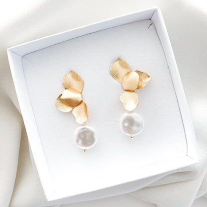 Gold Folded Flower Pearl Earrings