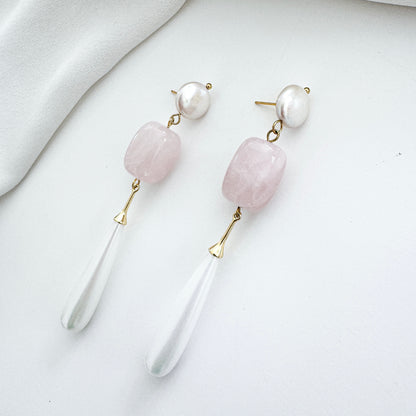 Rose Quartz & Pearl Dangle Earrings
