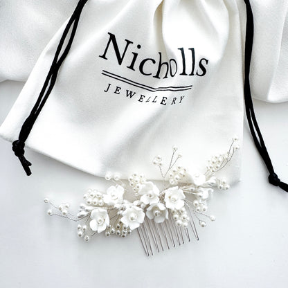 Wedding Bridal Hair Comb with Porcelain Flowers and Ball Pearls