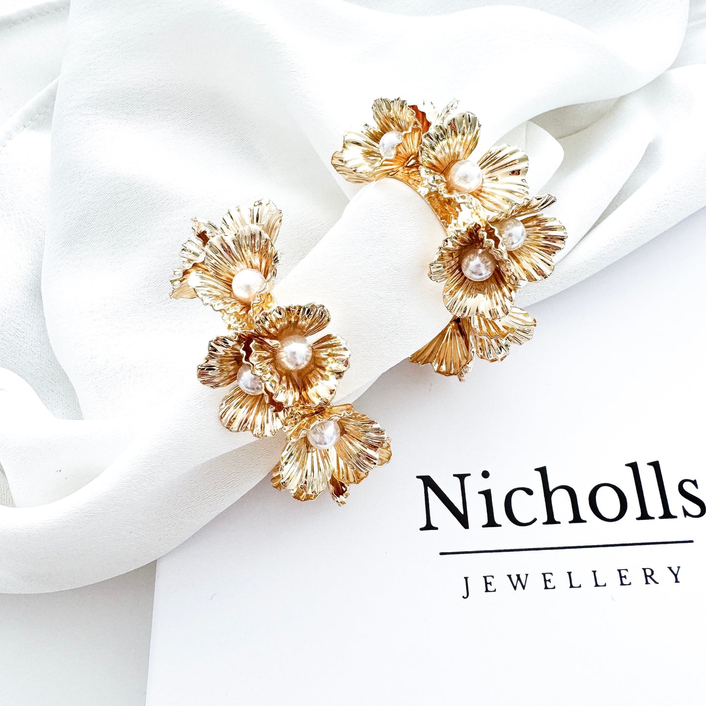 Statement Gold Flower and Pearl Centre Hoop Earrings