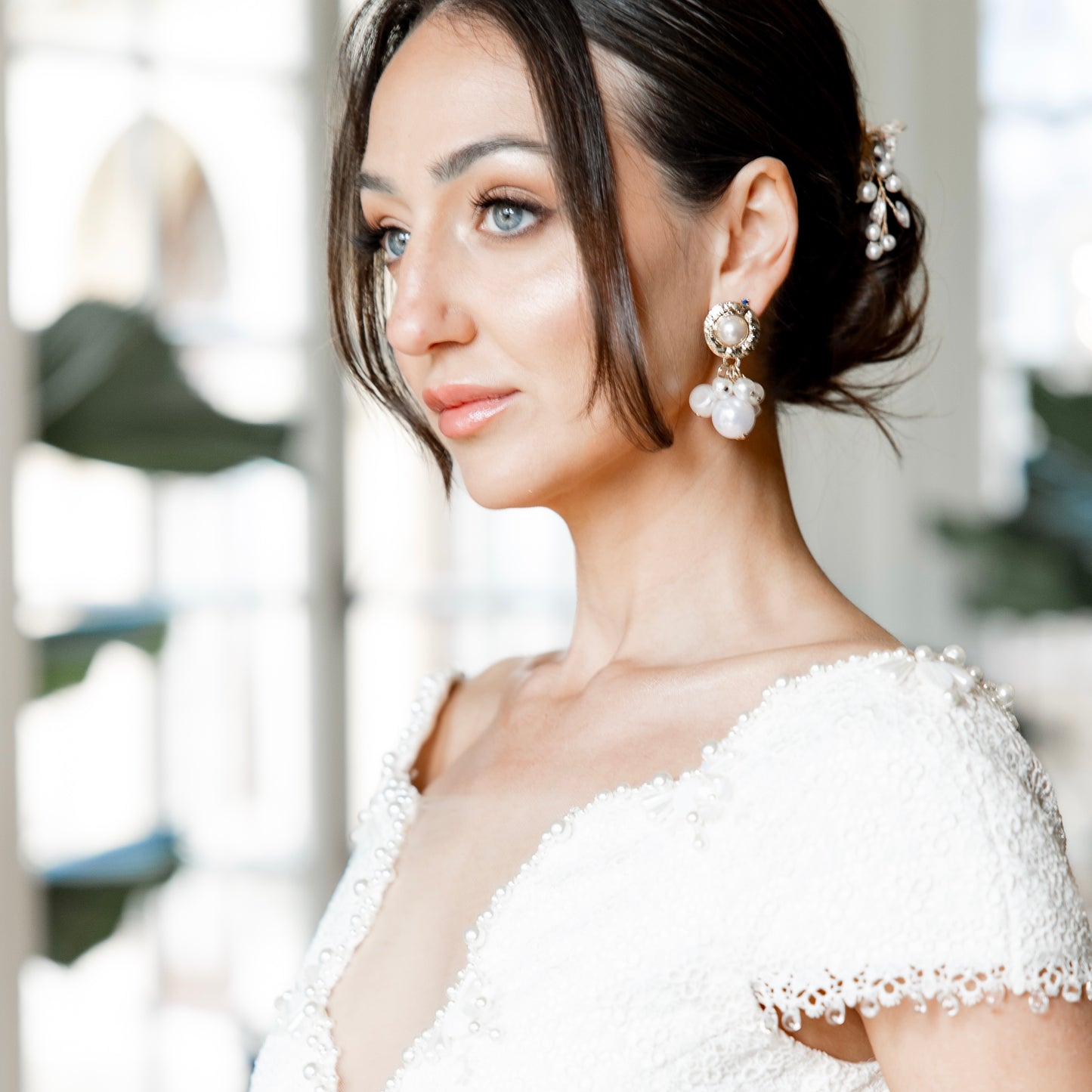Gold and Pearl Cluster Drop Modern Grecian Earrings