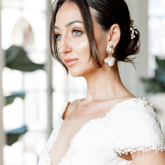 Gold and Pearl Cluster Drop Modern Grecian Earrings