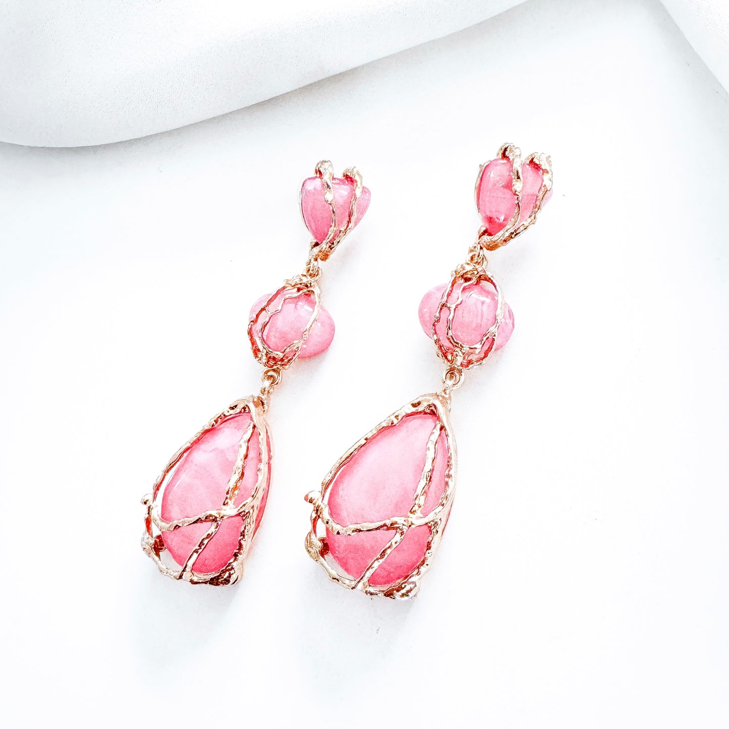 Gold Drip Bright Pink Crystal Drop Earrings – Statement Party, Bridal & Summer Jewellery