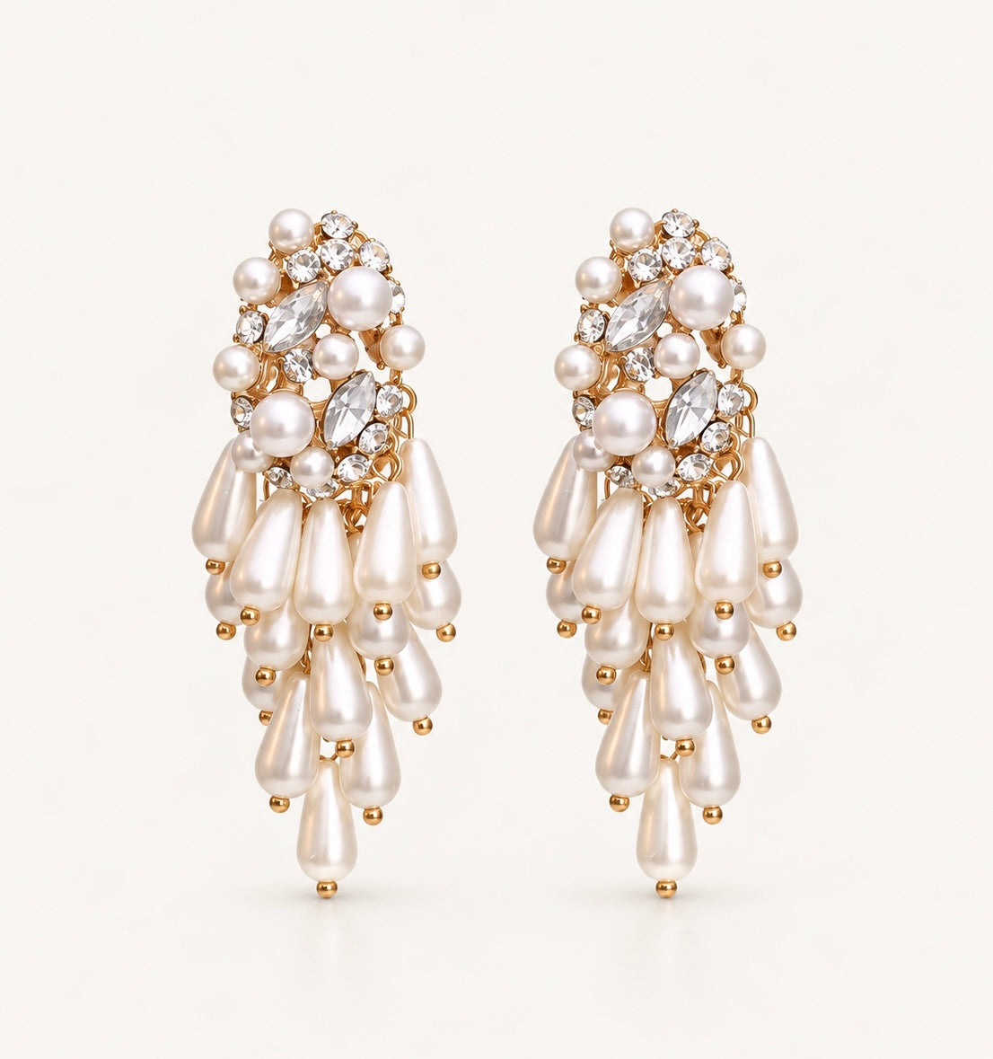 Pearl Tassel Dangle Statement Earrings with Oval Sparkle and Pearl Top Detail