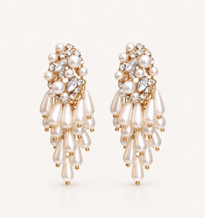 Pearl Tassel Dangle Statement Earrings with Oval Sparkle and Pearl Top Detail