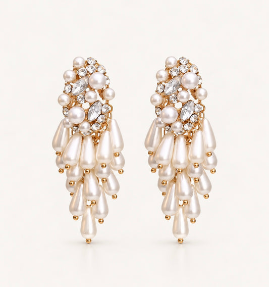 Pearl Tassel Dangle Statement Earrings with Oval Sparkle and Pearl Top Detail