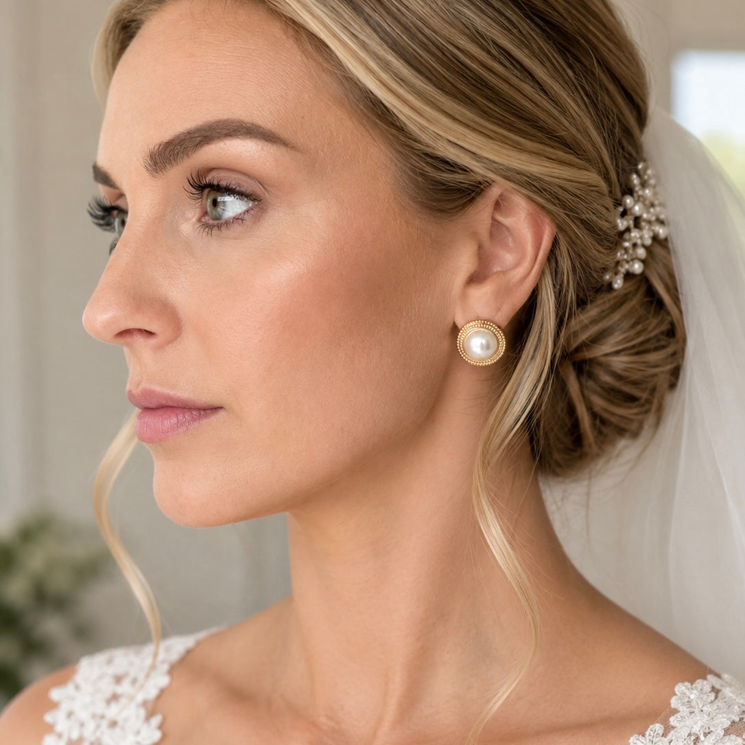 18k Gold Plated Round Circle and Pearl Stud Earrings