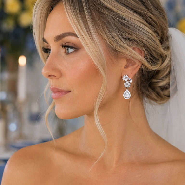 Cubic Zirconia Flower Drop Earrings – Bridal & Occasion Statement Earrings