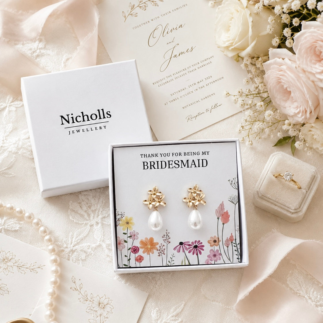 Gold Daisy & Teardrop Pearl Bridesmaid Earrings | Thank You Bridesmaid Gift