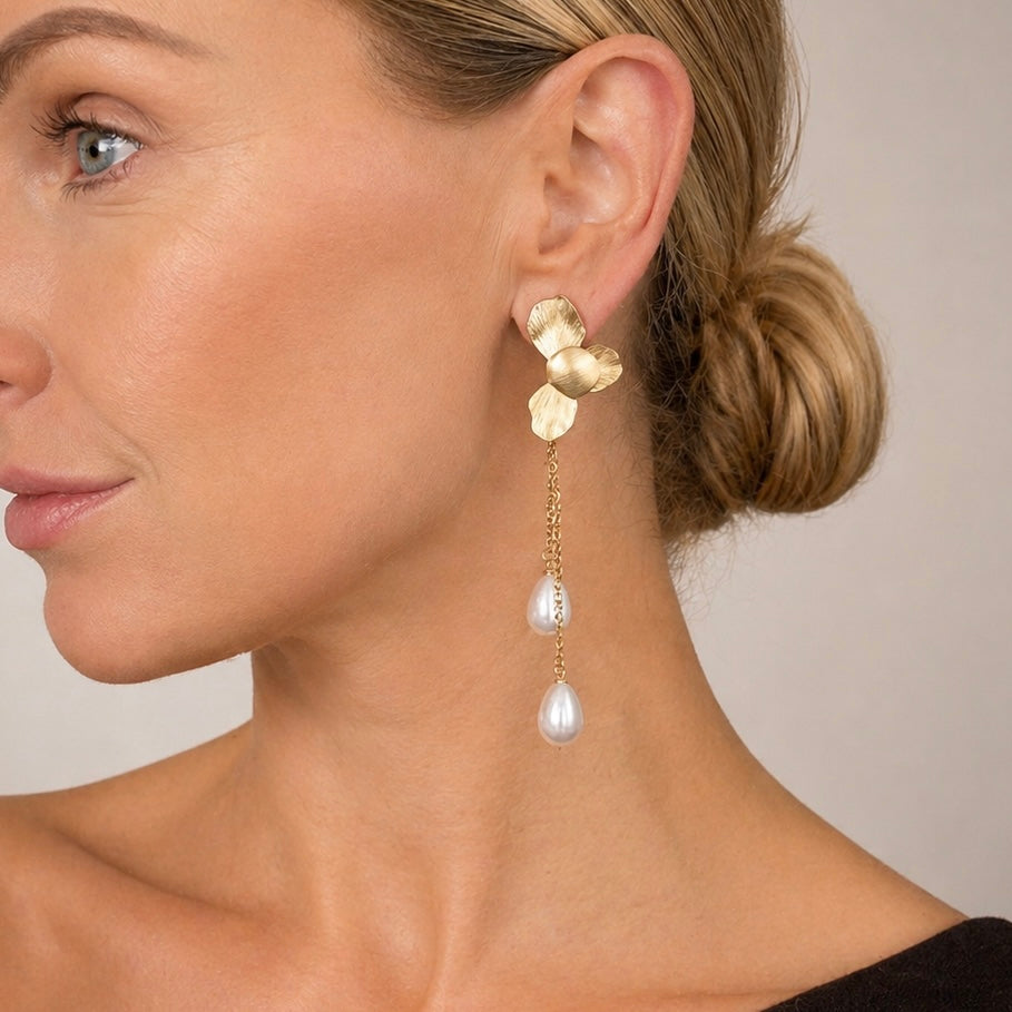 Gold Folded Flower Chain and Dainty Teardrop Pearl Earrings