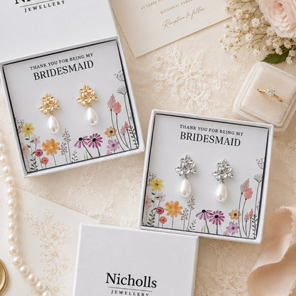Gold Daisy & Teardrop Pearl Bridesmaid Earrings | Thank You Bridesmaid Gift