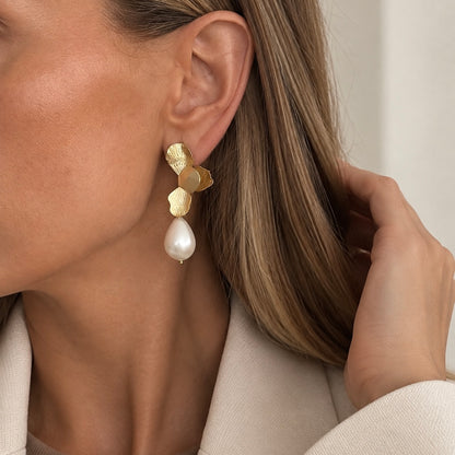 Gold Folded Flower Earrings with Chunky Teardrop