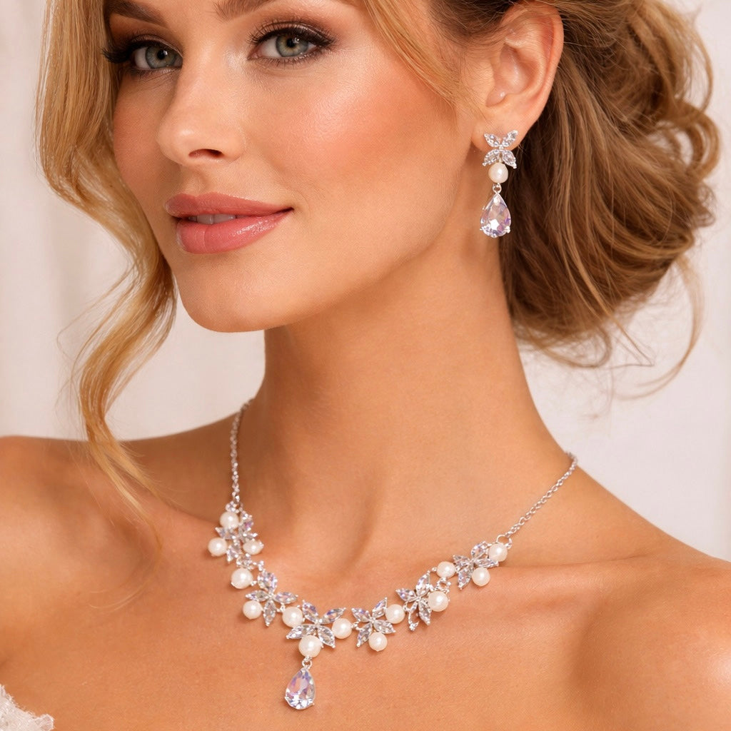 Cubic Zirconia & Pearl Bridal Necklace and Earrings Set – Romantic Wedding Jewellery