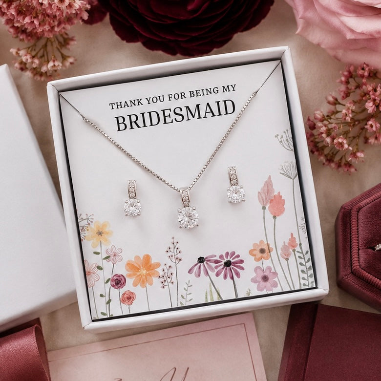 Square Cubic Zirconia Bridesmaid Jewellery Gift Set – Crystal Earrings & Matching Necklace