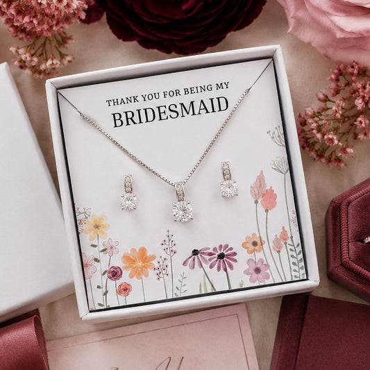 Square Cubic Zirconia Bridesmaid Jewellery Gift Set – Crystal Earrings & Matching Necklace