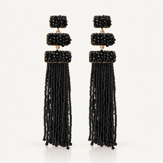 Black Beaded Tassel Earrings