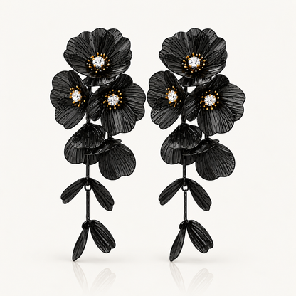 Waterfall Statement Black Flower Earrings