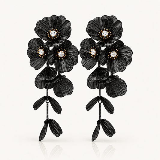 Waterfall Statement Black Flower Earrings