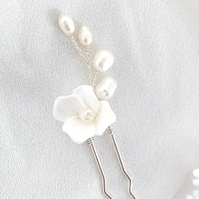 Load image into Gallery viewer, Porcelain White Flower, Silver Leaf, Pearl Pins x 3
