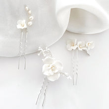 Load image into Gallery viewer, Porcelain White Flower, Silver Leaf, Pearl Pins x 3
