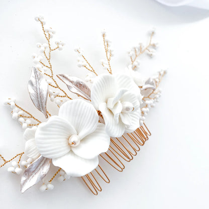 Porcelain White Flower, Blush Leaf and Rose Gold Comb