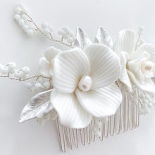 Load image into Gallery viewer, Porcelain White Flower, Silver Leaf and Silver Comb
