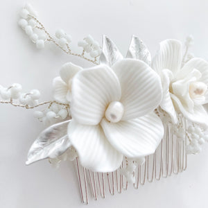 Porcelain White Flower, Silver Leaf and Silver Comb