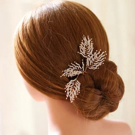 Feather Leaf White Beaded Hair Pins