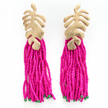 Gold Leaf and Pink Tassel Earrings on