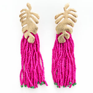 Gold Leaf and Pink Tassel Earrings