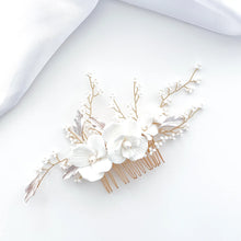 Load image into Gallery viewer, Porcelain White Flower, Blush Leaf and Rose Gold Comb
