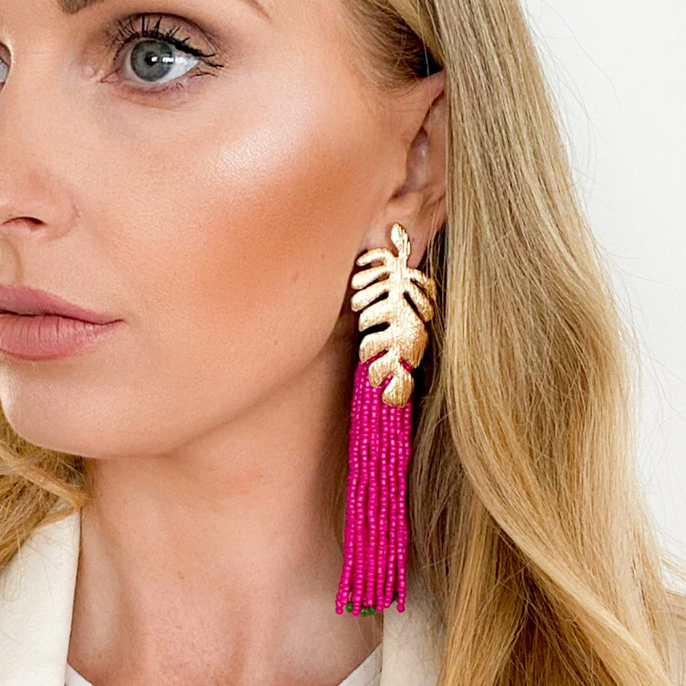 Gold Leaf and Pink Tassel Earrings on