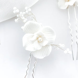 Porcelain White Flower, Silver Leaf, Pearl Pins x 3