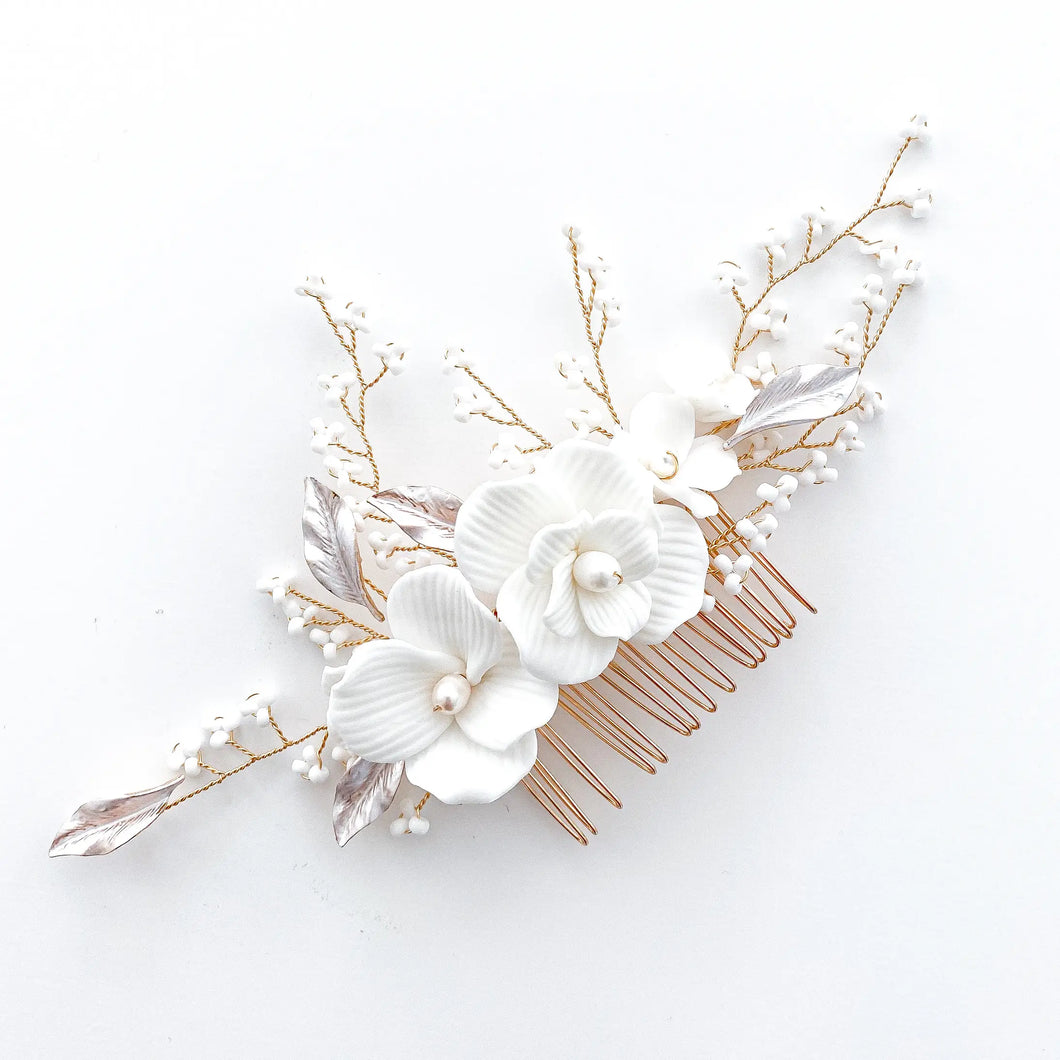 Porcelain White Flower, Blush Leaf and Rose Gold Comb