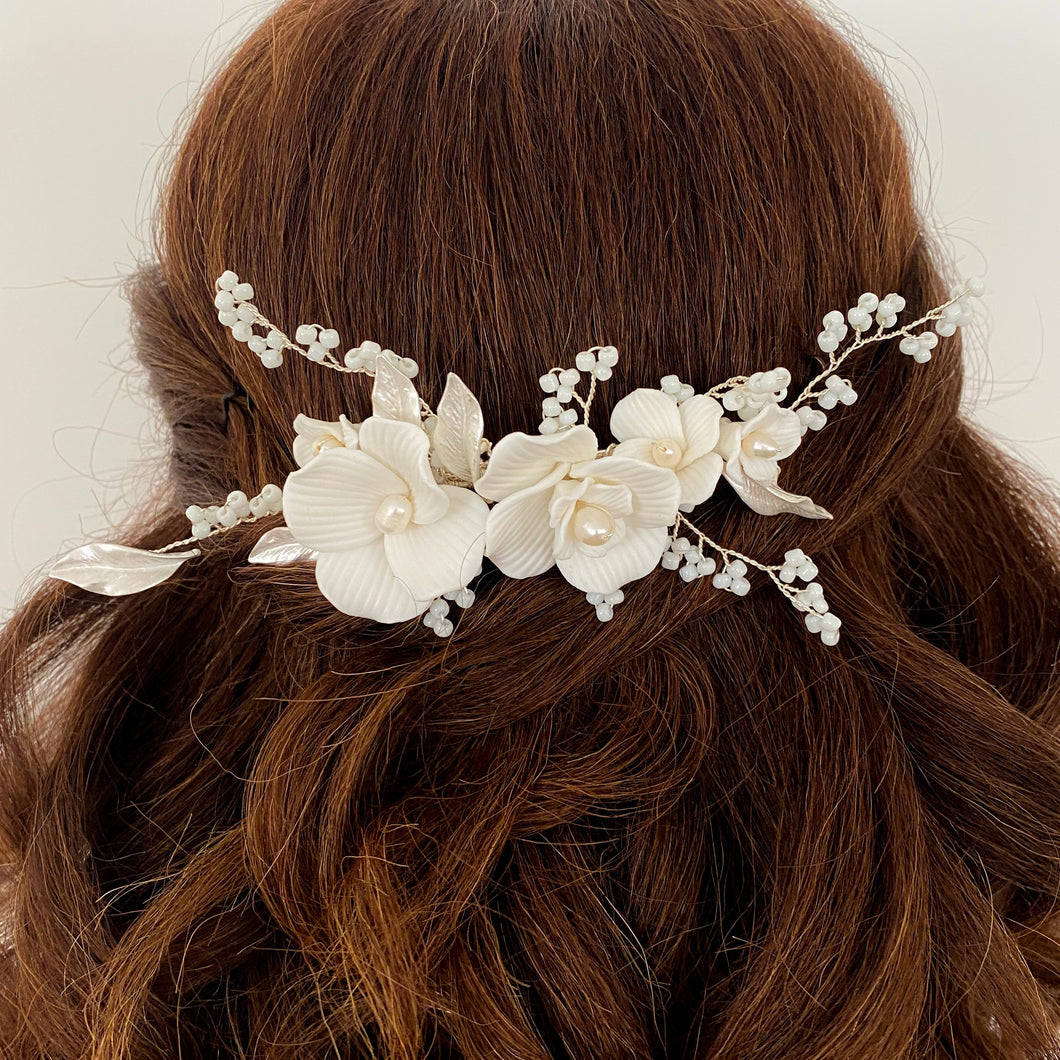 Porcelain White Flower, Silver Leaf and Silver Comb