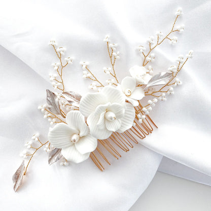 Porcelain White Flower, Blush Leaf and Rose Gold Comb