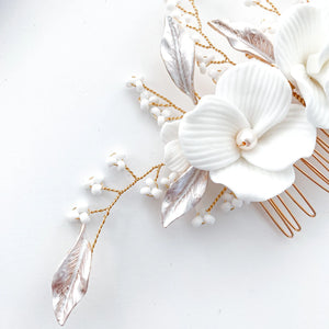 Porcelain White Flower, Blush Leaf and Rose Gold Comb