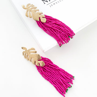 Gold Leaf and Pink Tassel Earrings