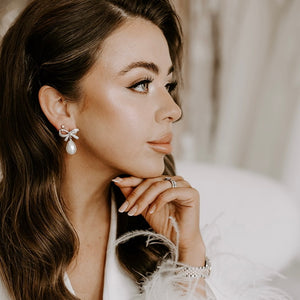Crystal Bow & Pearl Earrings Silver
