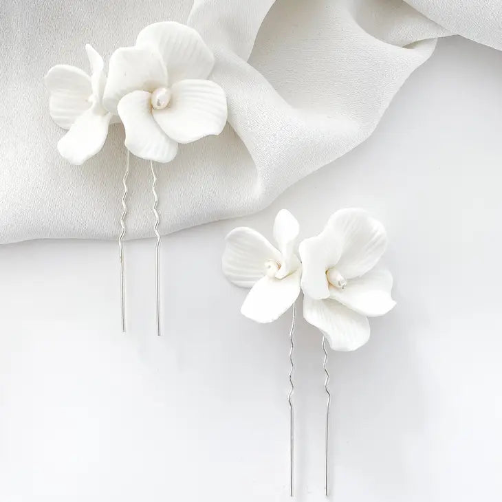 Porcelain White Flower Pins x 2
