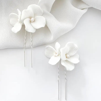 Porcelain White Flower Pins x 2