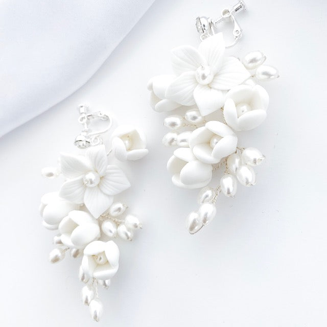 Porcelain Flower and Pearl Spray Drop Earrings