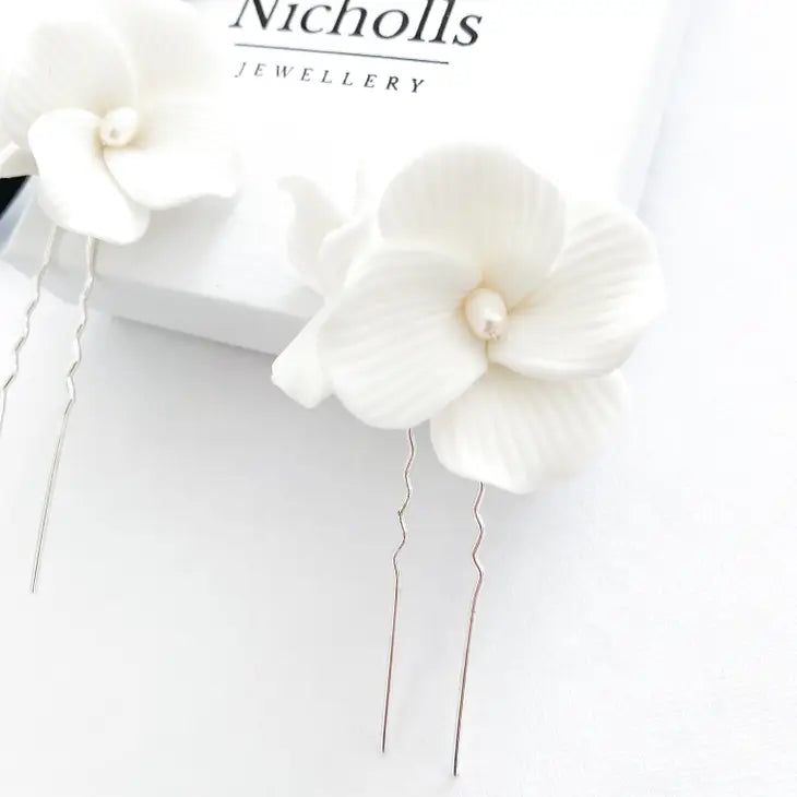 Porcelain White Flower Pins x 2