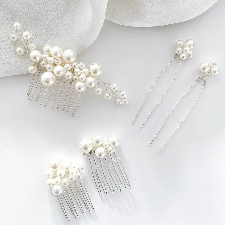 Pearl Comb and Pin 5 piece set (Silver)
