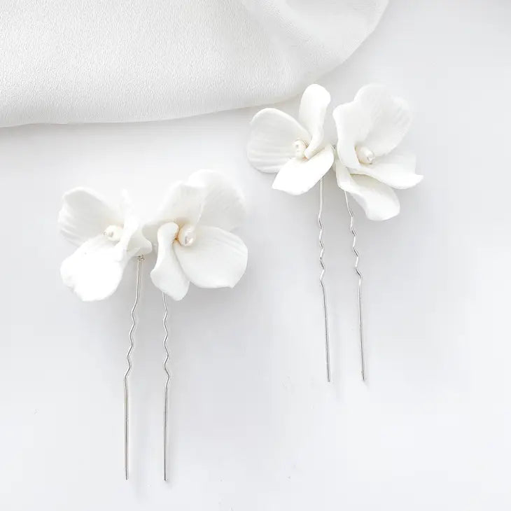 Porcelain White Flower Pins x 2