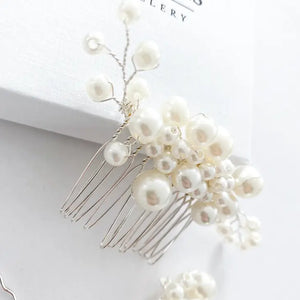 Pearl Comb and Pin 5 piece set (Silver)