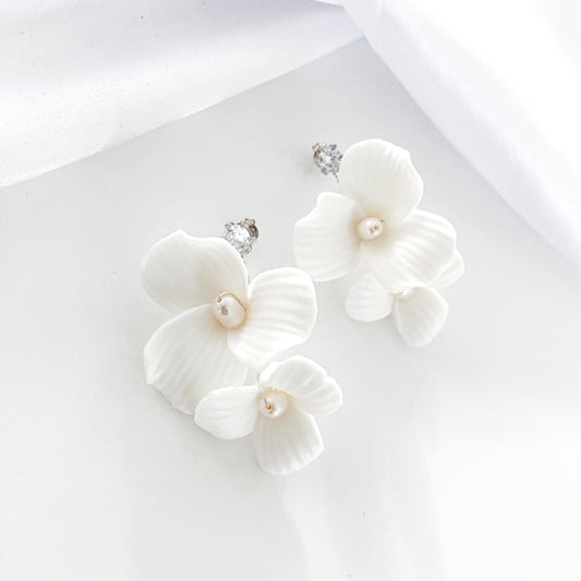 Porcelain Duo White Flower Drop Earrings