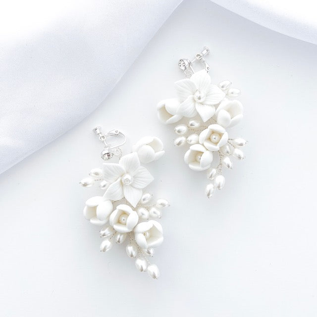 Porcelain Flower and Pearl Spray Drop Earrings