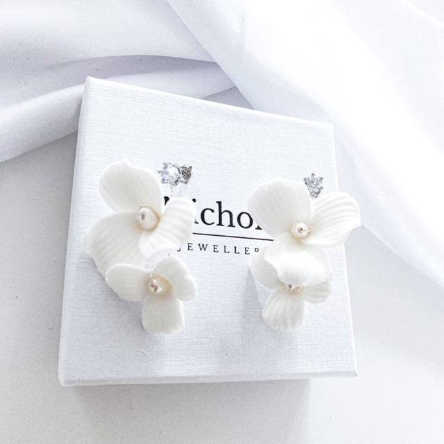 Porcelain Duo White Flower Drop Earrings