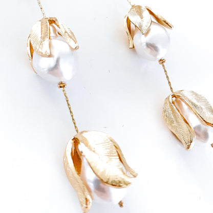 Gold Leaf and Pearl Bud Earrings